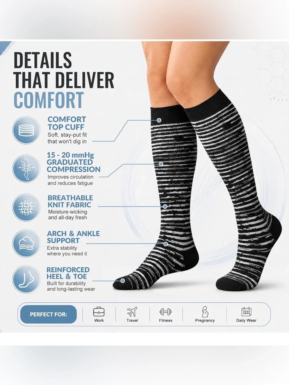 Blueenjoy Women’s Black Patterned Copper Compression Socks 3 Pack In L/XL